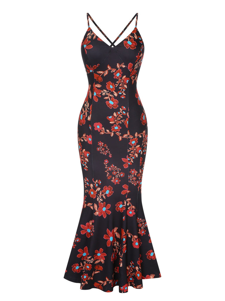 Black 1930s Floral Straps Fishtail Dress