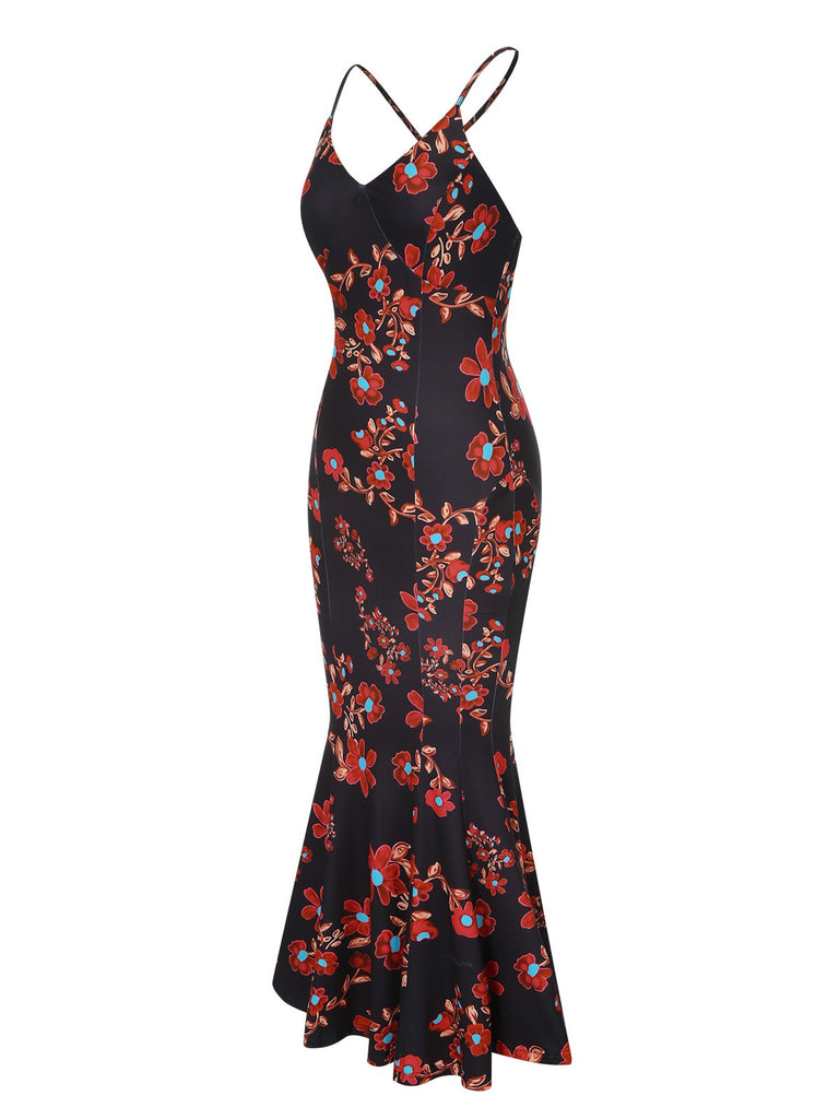 Black 1930s Floral Straps Fishtail Dress