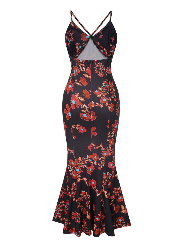 Black 1930s Floral Straps Fishtail Dress