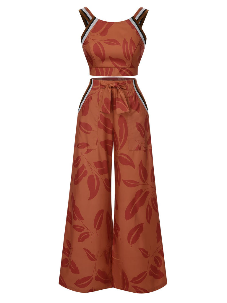 Brown 1930s Botanical Sleeveless Pants Suit