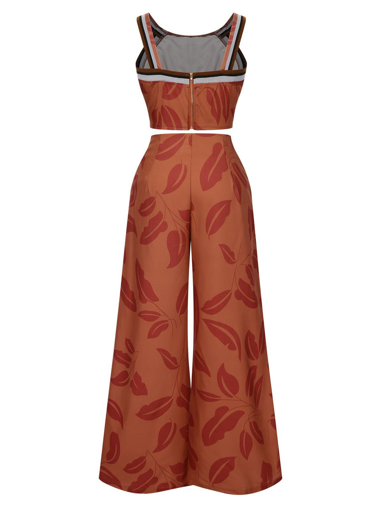 Brown 1930s Botanical Sleeveless Pants Suit