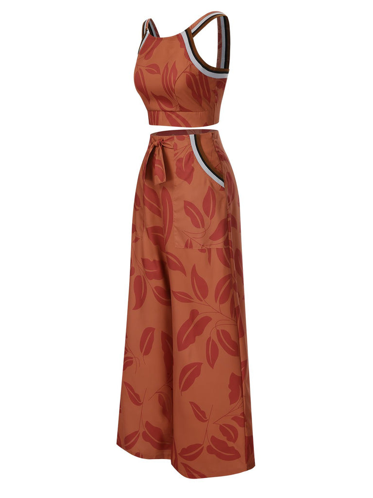 Brown 1930s Botanical Sleeveless Pants Suit