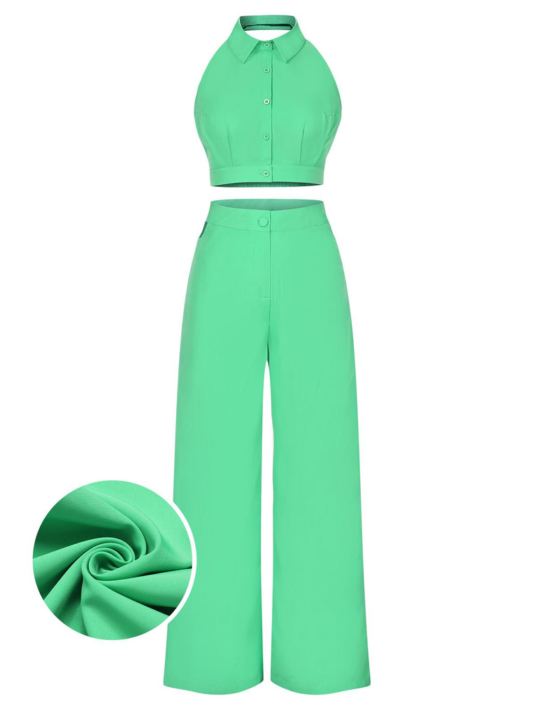 Green 1960s Solid Backless Wide-Leg Pants Suit