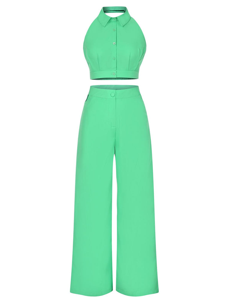 Green 1960s Solid Backless Wide-Leg Pants Suit