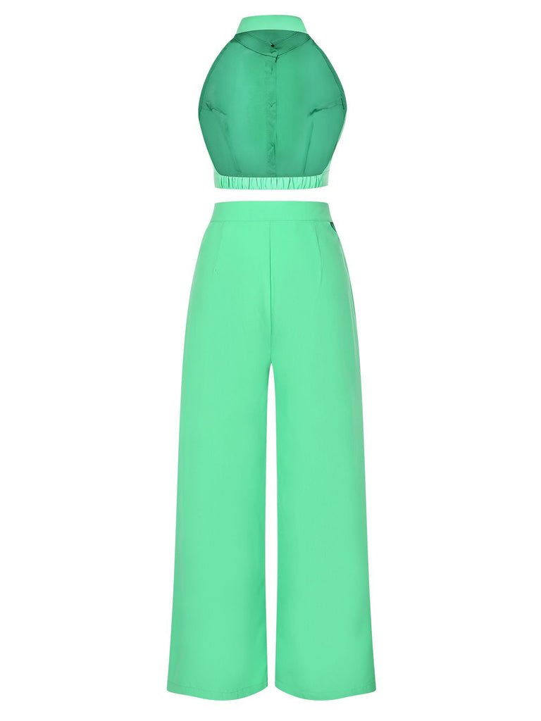 Green 1960s Solid Backless Wide-Leg Pants Suit