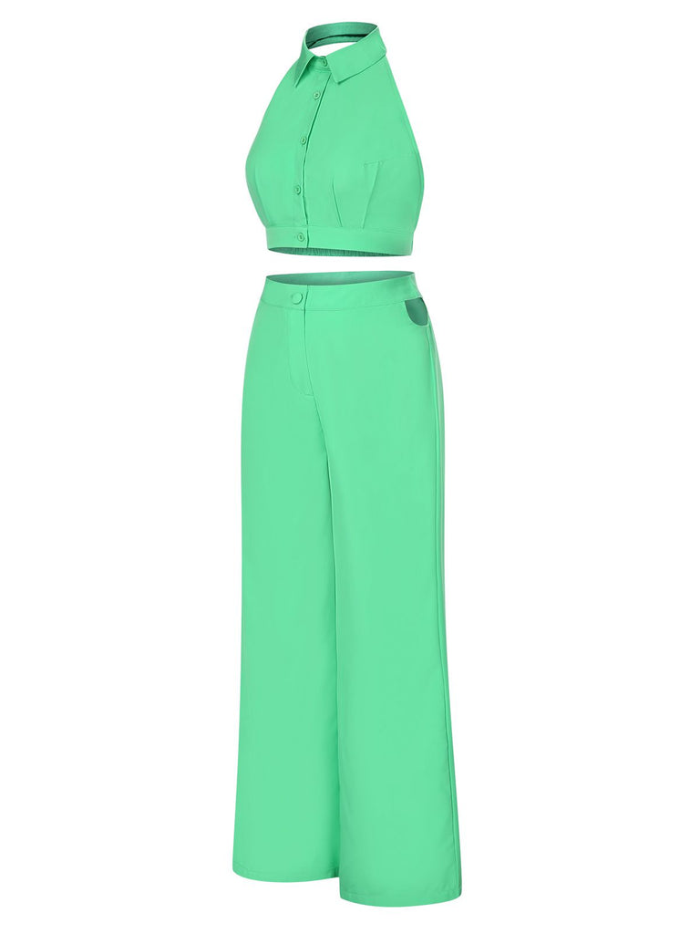 Green 1960s Solid Backless Wide-Leg Pants Suit