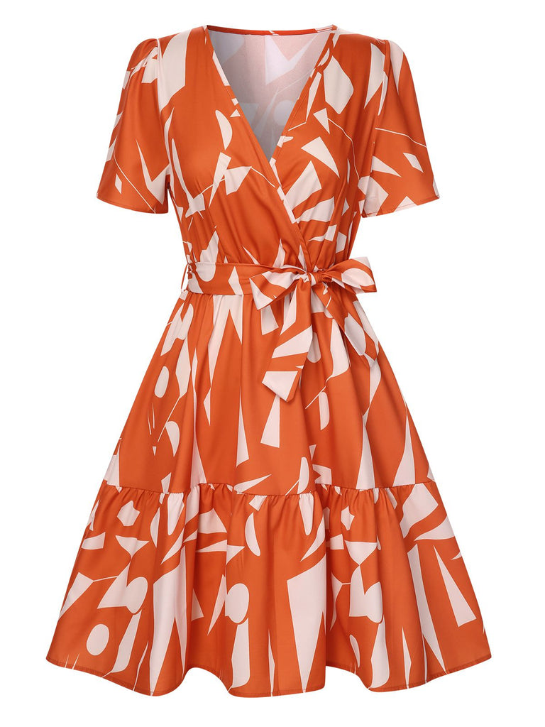 Orange Red 1940s Geometric Surplice V-Neck Dress