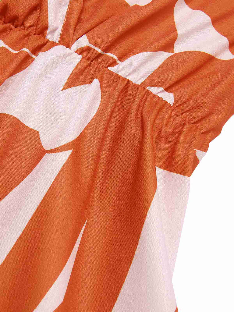 Orange Red 1940s Geometric Surplice V-Neck Dress