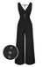 [Pre-Sale] Black 1930s Solid V-Neck Butterfly Button Jumpsuit