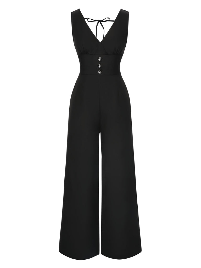 Black 1930s Solid V-Neck Butterfly Button Jumpsuit