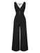 Black 1930s Solid V-Neck Butterfly Button Jumpsuit