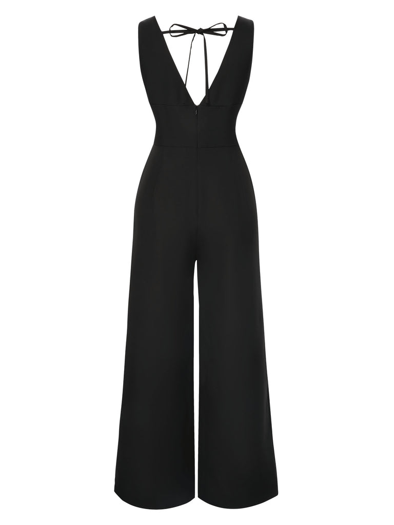 [Pre-Sale] Black 1930s Solid V-Neck Butterfly Button Jumpsuit