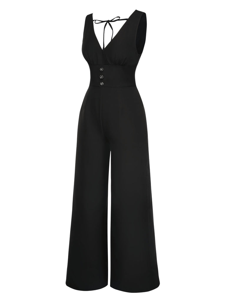 Black 1930s Solid V-Neck Butterfly Button Jumpsuit