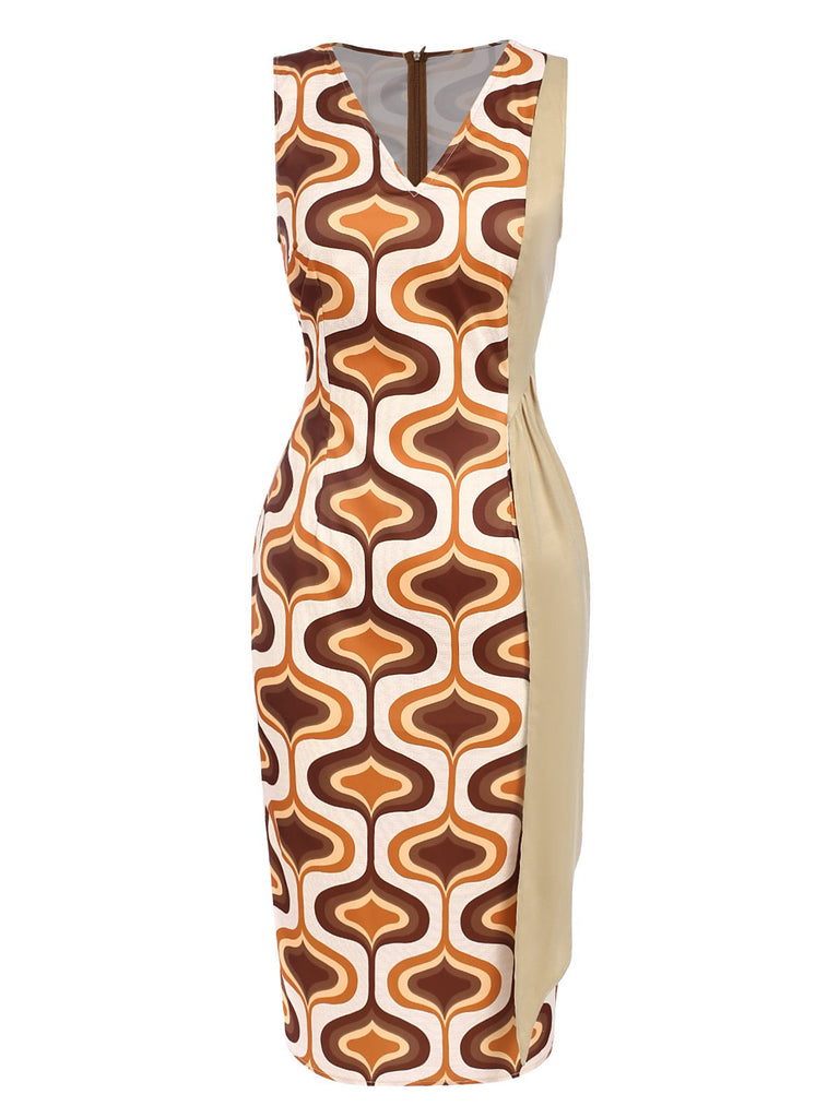 [Pre-Sale] Brown 1960s Geometric Stitching V-Neck Dress