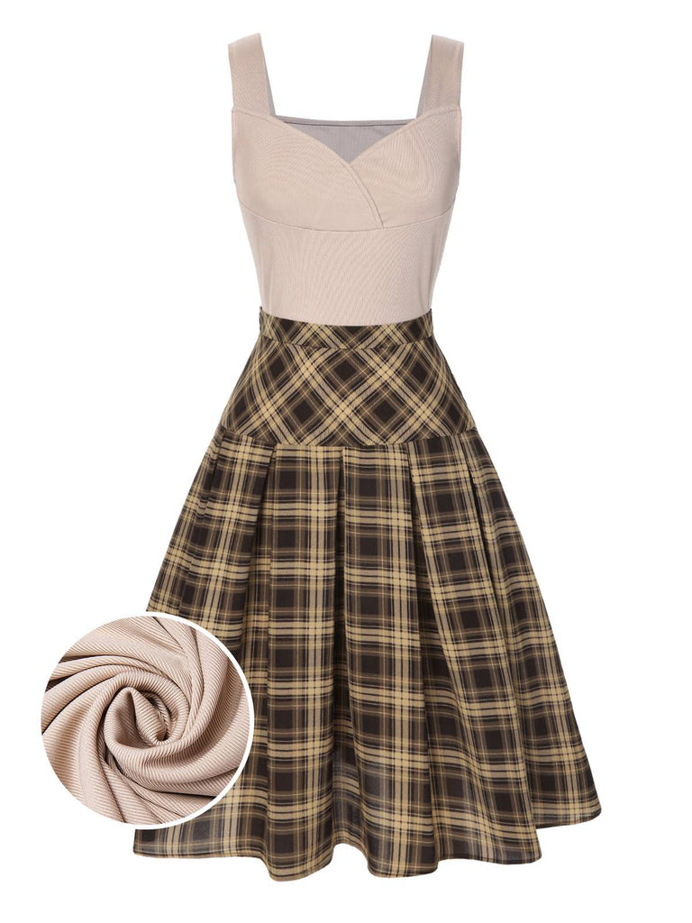 2PCS 1950s Beige Knitted Top Plaid Pleated Skirt