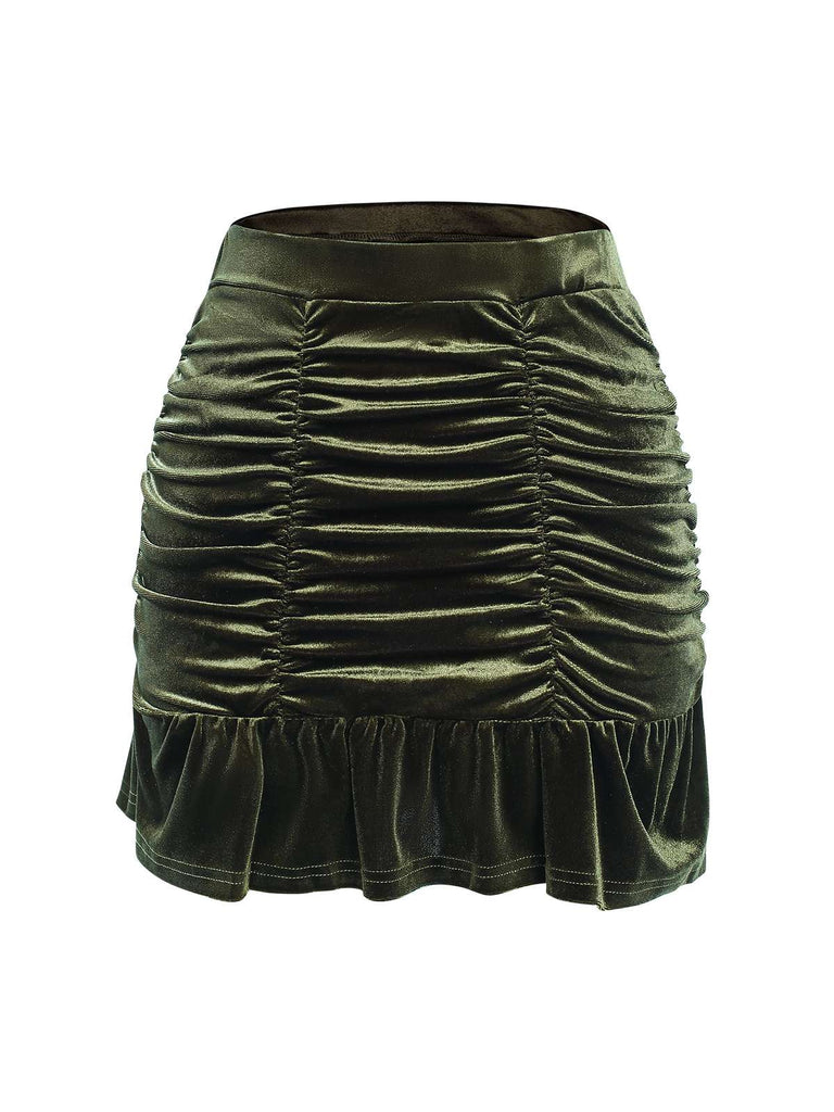 Green 1960s Solid Wrinkles Velvet Skirt