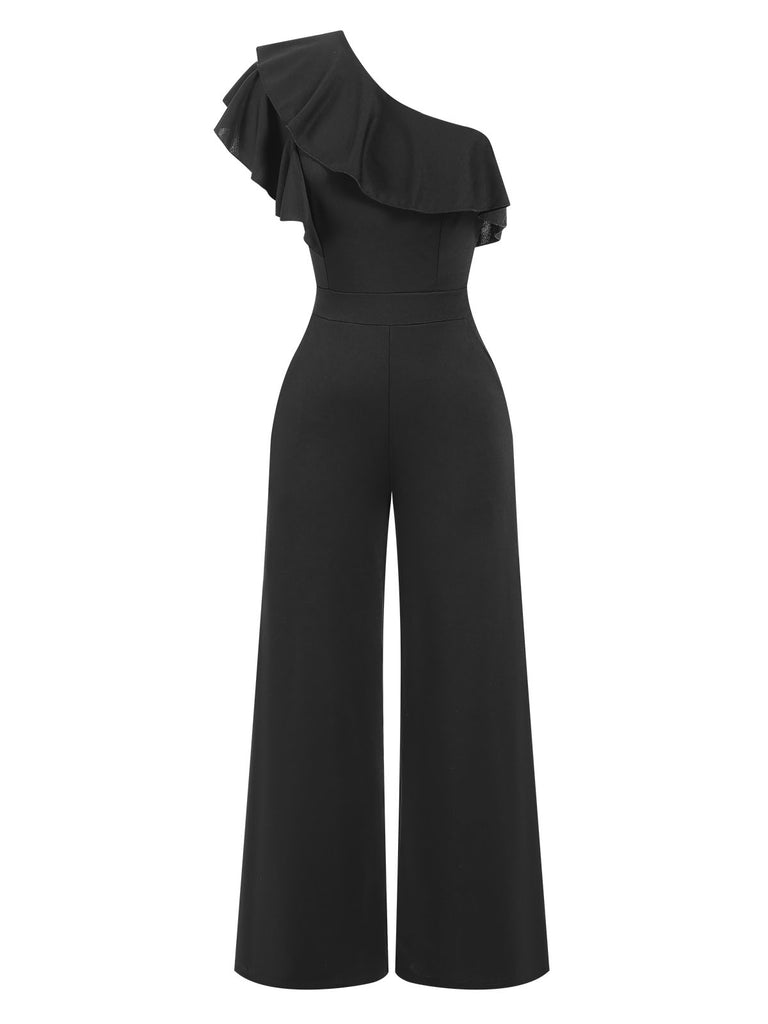 Black 1940s Solid One Shoulder Jumpsuit