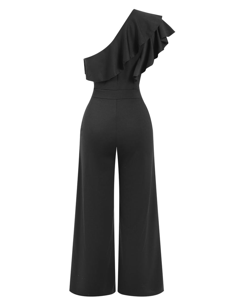 Black 1940s Solid One Shoulder Jumpsuit