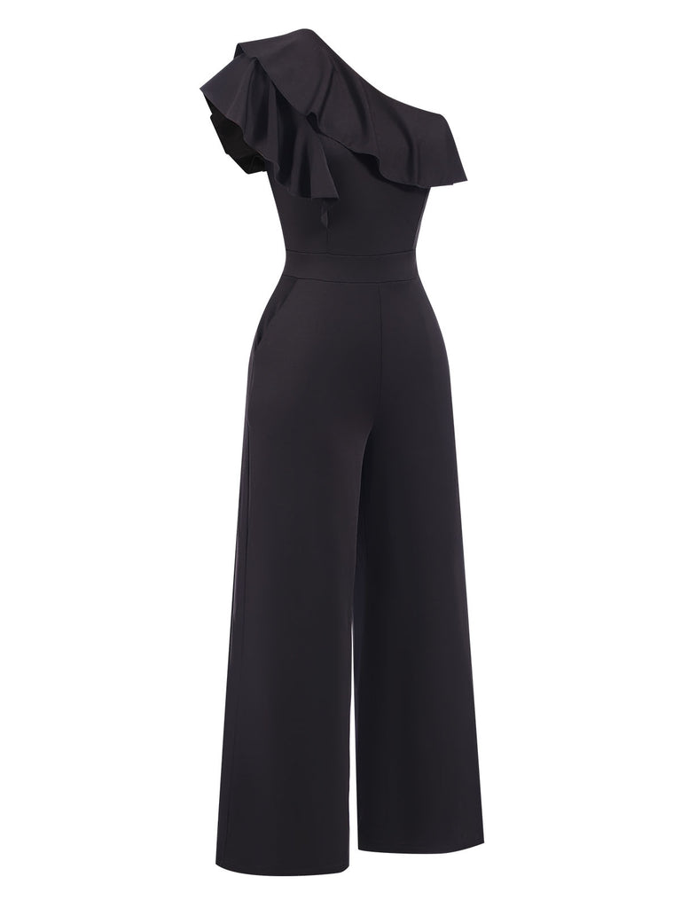 Black 1940s Solid One Shoulder Jumpsuit