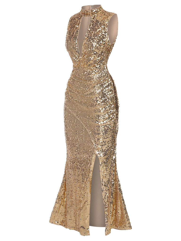 Champagne 1930s Keyhole Sequined Maxi Dress