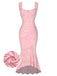 Pink 1930s Printed Textured Fishtail Strapless Dress