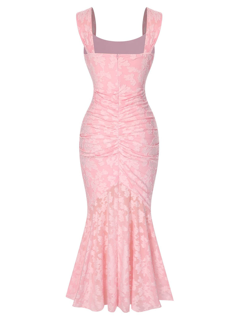 Pink 1930s Printed Textured Fishtail Strapless Dress