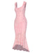 Pink 1930s Printed Textured Fishtail Strapless Dress