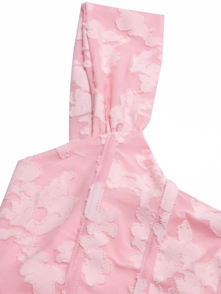 Pink 1930s Printed Textured Fishtail Strapless Dress