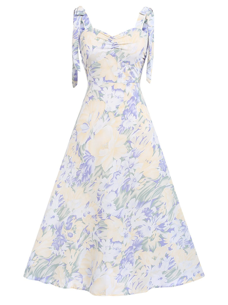 Light Blue 1940s Floral Shoulder Tie Dress