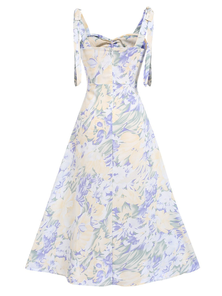 Light Blue 1940s Floral Shoulder Tie Dress