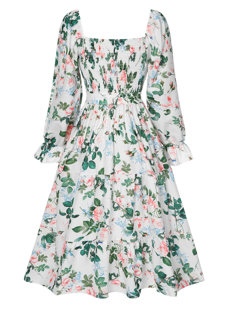 White 1940s Floral Pleated Belt Dress