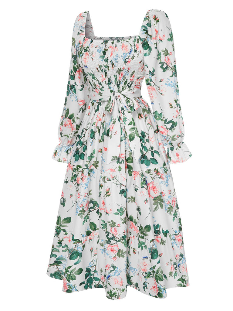 White 1940s Floral Pleated Belt Dress