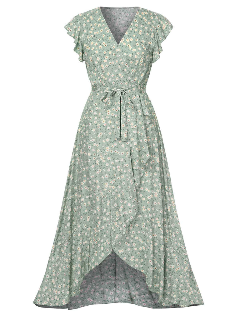 Green 1940s V-Neck Ditsy Floral Irregular Hem Dress