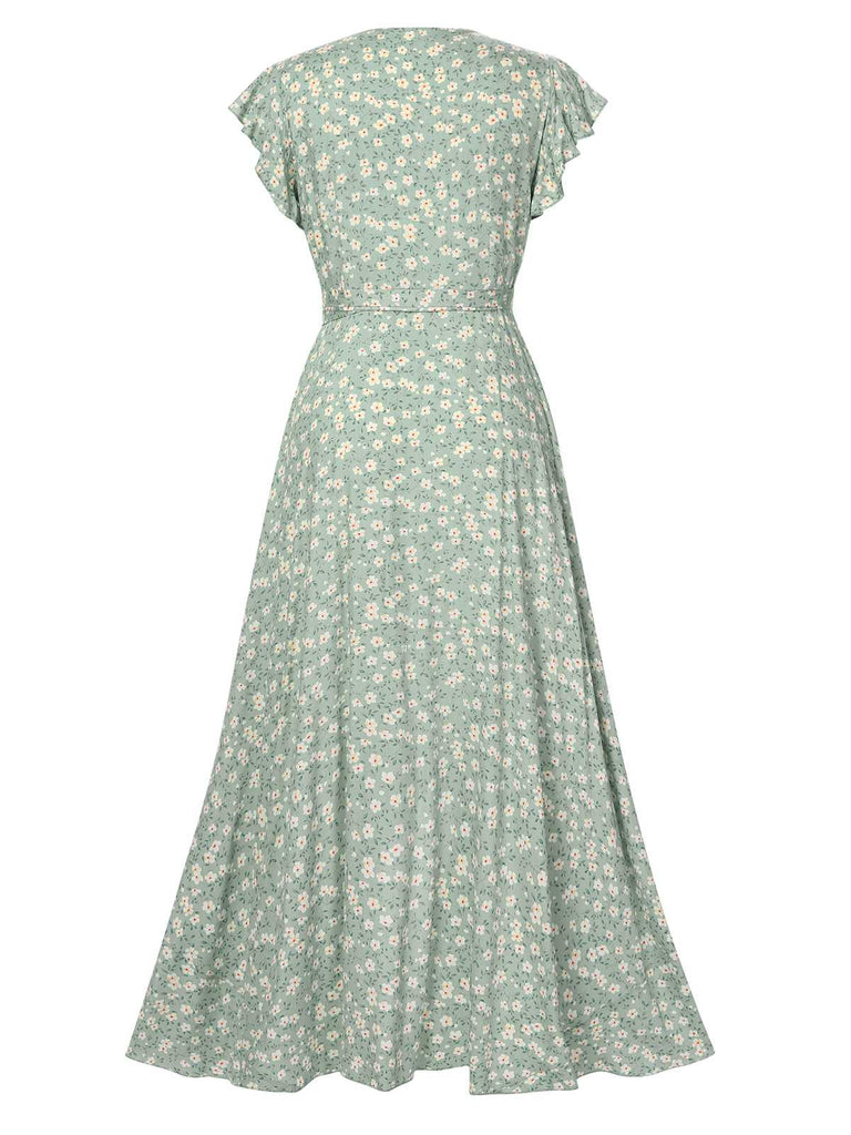 Green 1940s V-Neck Ditsy Floral Irregular Hem Dress