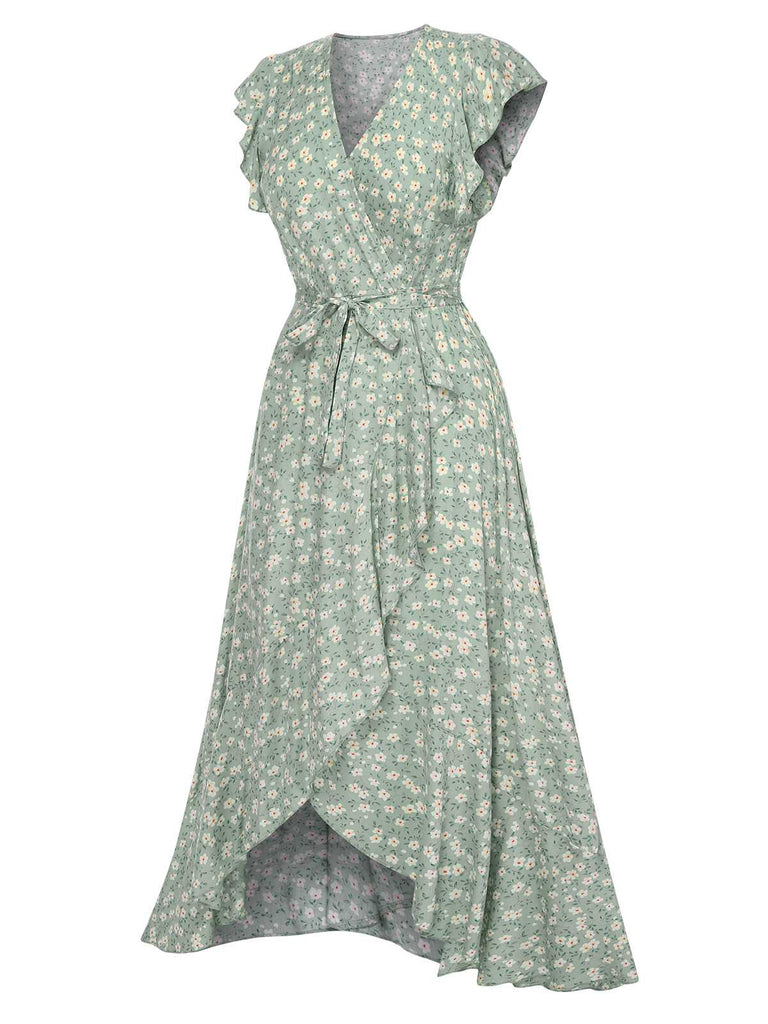 Green 1940s V-Neck Ditsy Floral Irregular Hem Dress