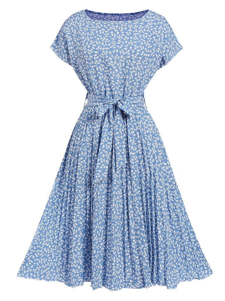 Light Blue 1940s Floral Pleated Dress