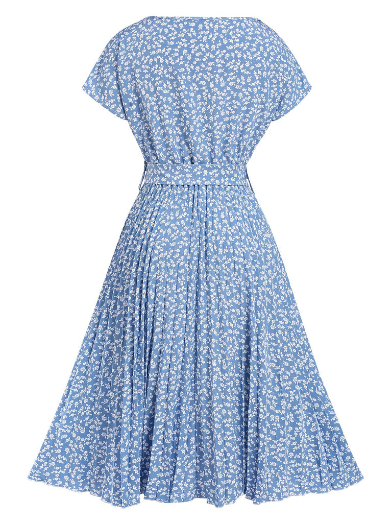 Light Blue 1940s Floral Pleated Dress