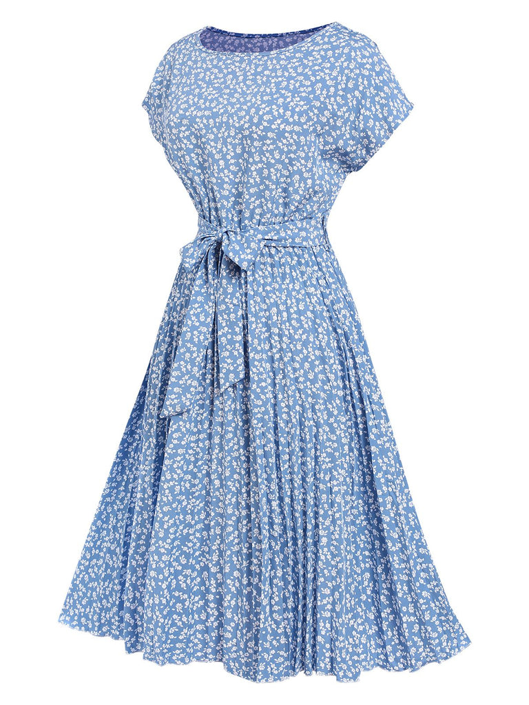 Light Blue 1940s Floral Pleated Dress