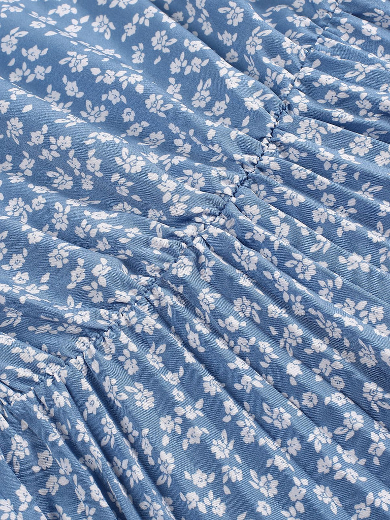 Light Blue 1940s Floral Pleated Dress