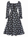 1940s Drawstring Slit Square Neck Floral Dress