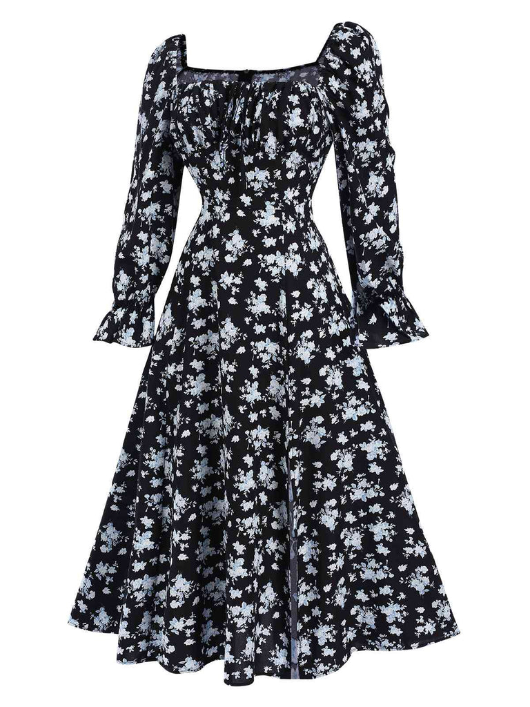 1940s Drawstring Slit Square Neck Floral Dress