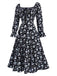 1940s Drawstring Slit Square Neck Floral Dress