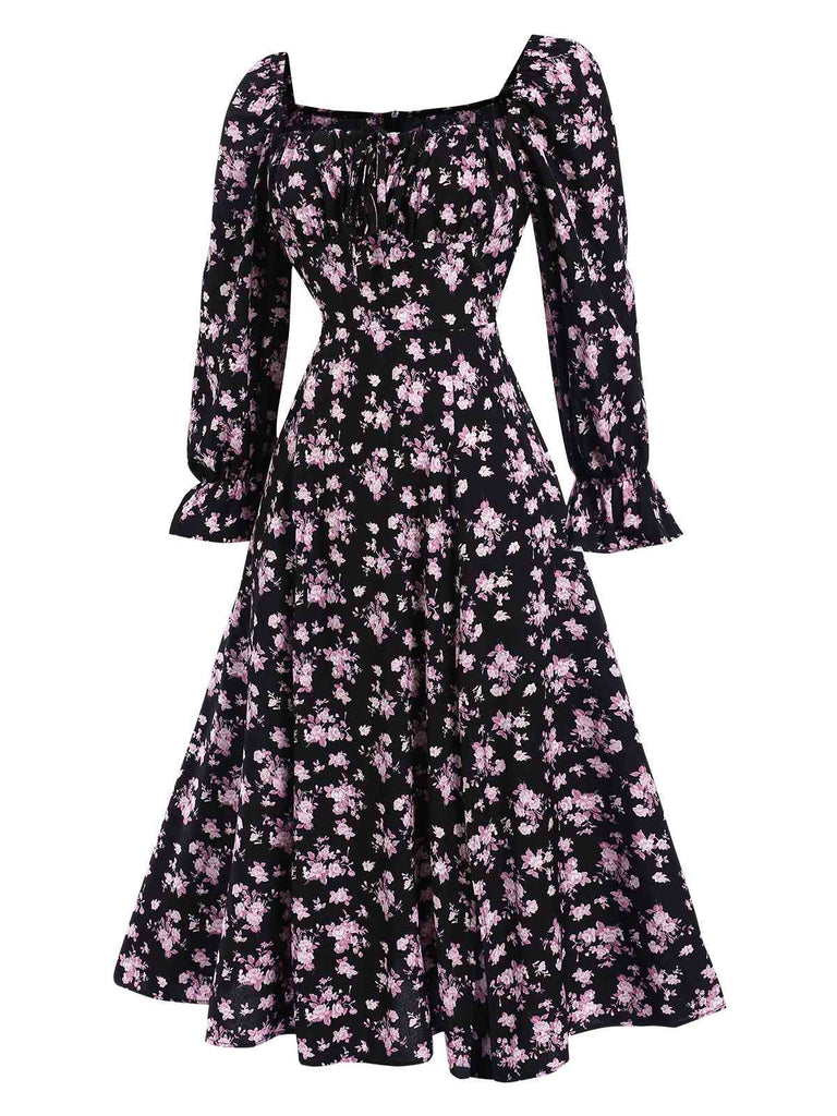 1940s Drawstring Slit Square Neck Floral Dress