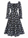 1940s Drawstring Slit Square Neck Floral Dress