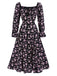 1940s Drawstring Slit Square Neck Floral Dress