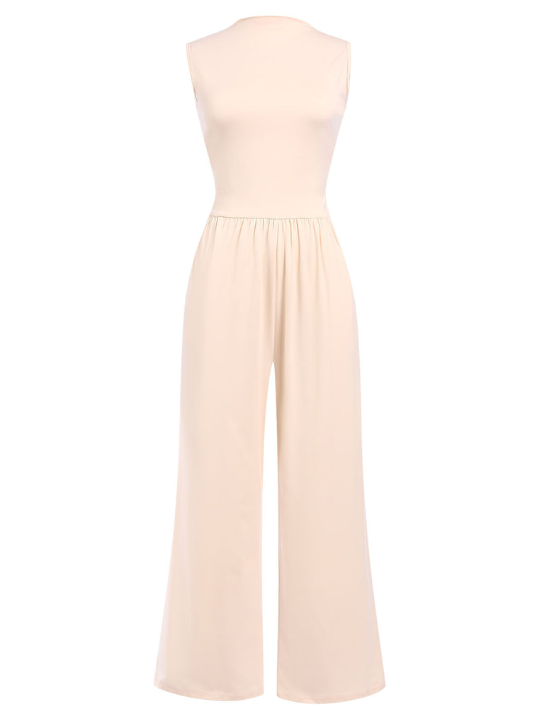 Beige 1940s Solid High Neck Jumpsuit