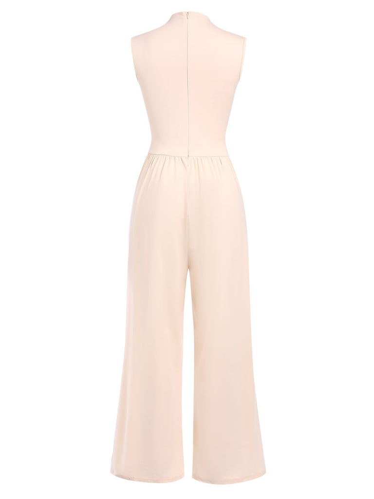 Beige 1940s Solid High Neck Jumpsuit