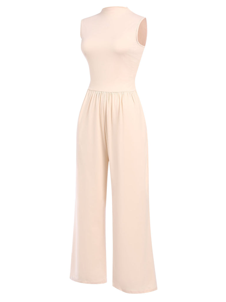 Beige 1940s Solid High Neck Jumpsuit