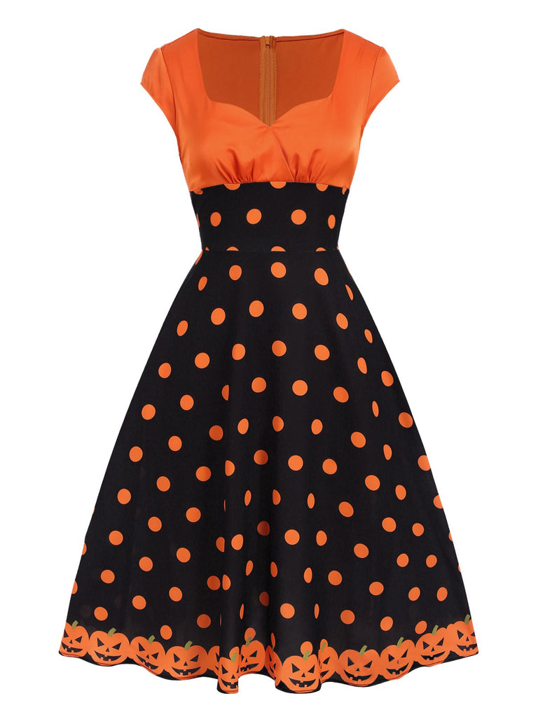 Orange 1950s Pumpkin Face Sweetheart Neck Dress