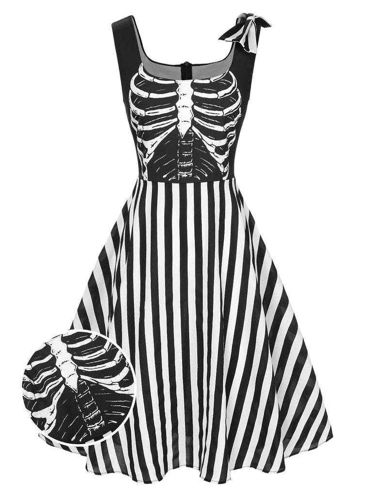 [Pre-Sale] Black 1950s Halloween Skeleton Vertical Stripes Dress